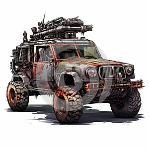 Detailed Illustration Of Post-apocalyptic-themed White Jeep With Weapons And Rocks