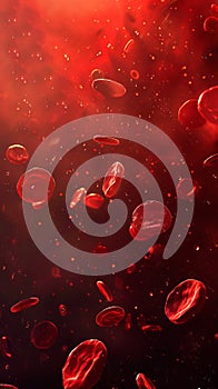 Detailed illustration of red blood cells in vibrant red backdrop. Close-up of erythrocytes in circulation. Concept of