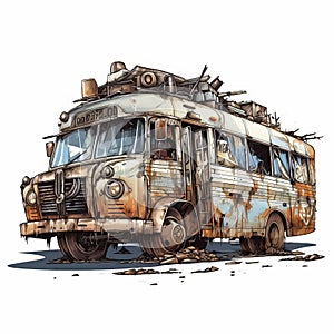 Detailed Illustration Of A Rusted Post-apocalyptic Bus