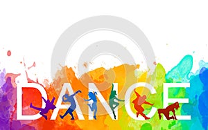 Detailed illustration silhouettes of expressive dance colorful group of people dancing. J