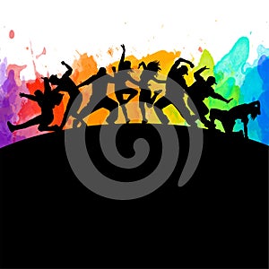 Detailed illustration silhouettes of expressive dance colorful group of people dancing. Jazz funk, hip-hop, house. Dancer m