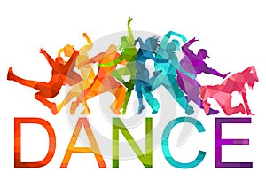 Detailed illustration silhouettes of expressive dance people dancing. Jazz funk, hip-hop, house dance lettering. Dancer.