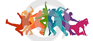 Detailed illustration silhouettes of expressive dance people dancing. Jazz funk, hip-hop, house dance lettering. Dancer.