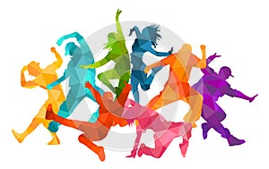 Detailed illustration silhouettes of expressive dance people dancing. Jazz funk, hip-hop, house dance lettering. Dancer.