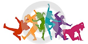 Detailed illustration silhouettes of expressive dance people dancing. Jazz funk, hip-hop, house dance lettering. Dancer.