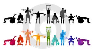 Detailed illustration silhouettes strong rolling people set girl and man sport fitness gym body-building workout powerlifti