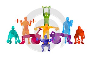 Detailed illustration silhouettes strong rolling people set girl and man sport fitness gym body-building workout powerlifti
