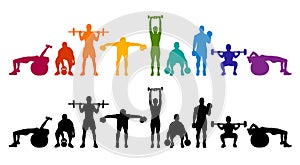 Detailed illustration silhouettes strong rolling people set girl and man sport fitness gym body-building workout powerlifti