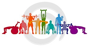 Detailed illustration silhouettes strong rolling people set girl and man sport fitness gym body-building workout powerlifti