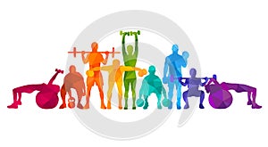 Detailed illustration silhouettes strong rolling people set girl and man sport fitness gym body-building workout powerlifti photo