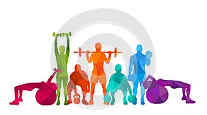 Detailed illustration silhouettes strong rolling people set girl and man sport fitness gym body-building workout powerlifti