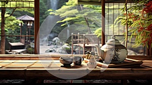 A detailed illustration of a tea ceremony set in a traditional Japanese tea house, with a blurred bamboo garden in the background