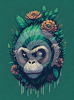 A detailed illustration of a vintage monkey head, green floral pastel tetradic colors, digital art