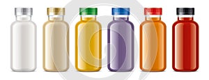 Set of Plastic Bottles with non-transparent drinks.