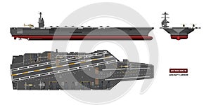 Detailed image of aircraft carrier. Military ship. Top, front and side view. Battleship model. Warship in flat style