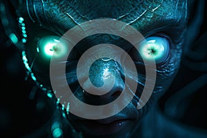 Detailed image of an alien creature brought to life in shades of bioluminescent blues and greens