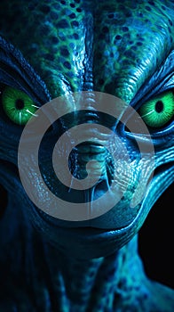 Detailed image of an alien creature brought to life in shades of bioluminescent blues and greens