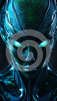 Detailed image of an alien creature brought to life in shades of bioluminescent blues and greens