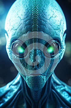 Detailed image of an alien creature brought to life in shades of bioluminescent blues and greens