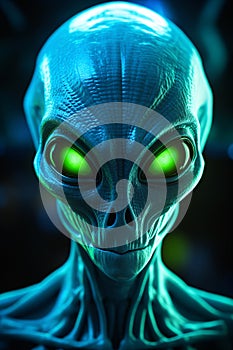 Detailed image of an alien creature brought to life in shades of bioluminescent blues and greens