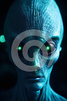 Detailed image of an alien creature brought to life in shades of bioluminescent blues and greens