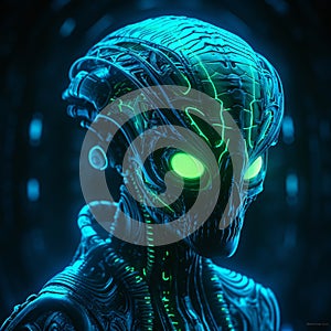 Detailed image of an alien creature brought to life in shades of bioluminescent blues and greens