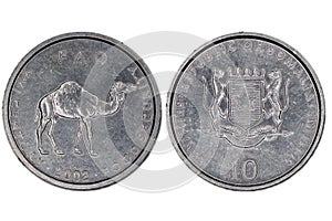 Somali 10 Shillings Coin - Camel and Coat of Arms. AI-generated photo