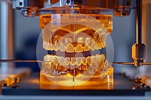 This detailed image captures a dental 3D printer as it constructs a complete set of human teeth, illustrating the