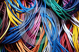 detailed image of colorful, tangled ethernet cables