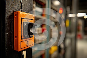Close-up view of an orange and black electrical switch in a panel