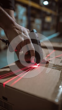 Close-Up of Hands Scanning Package with Barcode Reader in Warehouse