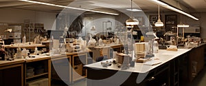 A detailed image of a laboratory, with scientific instruments and equipment visible on the workbenches and tables