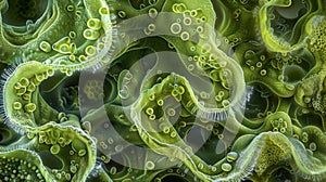 Detailed image of a liverwort thallus revealing the microscopic structures responsible for spore production. .