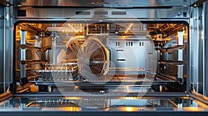 Detailed image of the microwaves internal mechanism showcasing the heating elements and fan photo