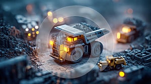 A detailed image of a mining dump truck with a miniature construction environment.