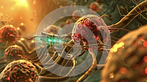 Detailed image of a nanorobot navigating through the maze of vessels targeting the tumor site with precision