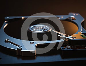 Close-Up of an Opened Computer Hard Disk Drive Showcasing Internal Components