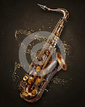Golden Saxophone with Musical Notes