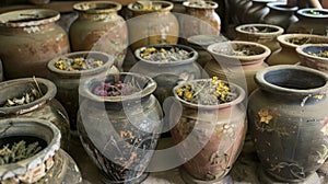 A detailed image of a set of traditional clay pots filled with various herbs roots and oils. These ingredients are used