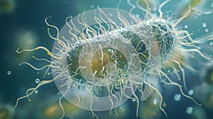 A detailed image of a single protist with its unique flagella and cilia protruding from its cell membrane. . photo