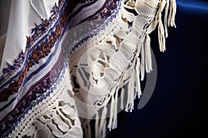 detailed image of tzitzit on the edge of a prayer shawl photo