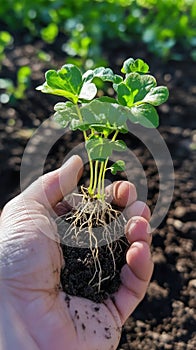 A detailed image of a vegetable patch being watered with drip irrigation, moisture soaking the soil in a microfarming setup