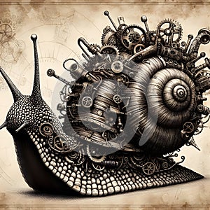 A detailed and imaginative steampunk snail.