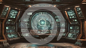 Futuristic Control Panel in a Spaceship Bridge