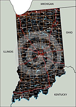 Detailed Indiana road map with labeling.