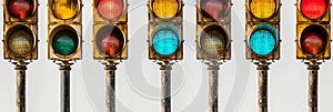 Detailed industrial traffic light poles against clear sky, emphasizing design and functionality