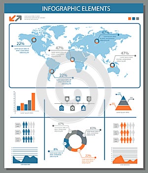 Detailed infographic elements set with world map graphics and ch