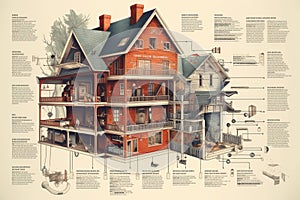 Detailed Infographic of House Building Full Details Anatomy extreme closeup. Generative AI