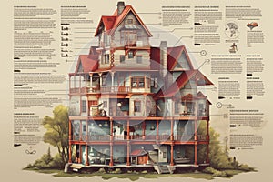 Detailed Infographic of House Building Full Details Anatomy extreme closeup. Generative AI