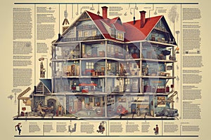 Detailed Infographic of House Building Full Details Anatomy extreme closeup. Generative AI